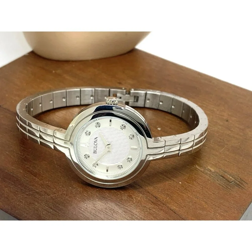 Bulova Women's Watch 96P214 Quartz Diamond Silver Dial Bangle Steel 30mm
